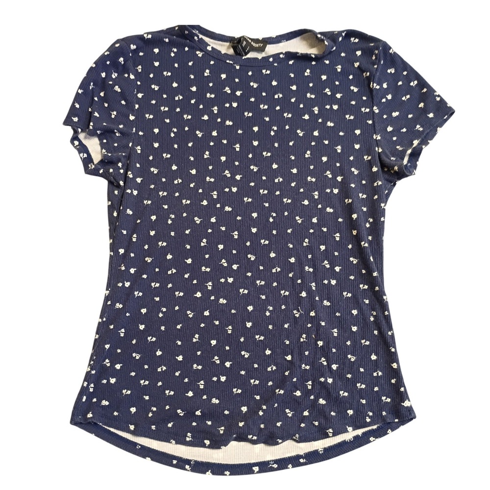 Streetwear Society Floral Ribbed T-Shirt Womens Large Navy Blue Short Sleeve Tee